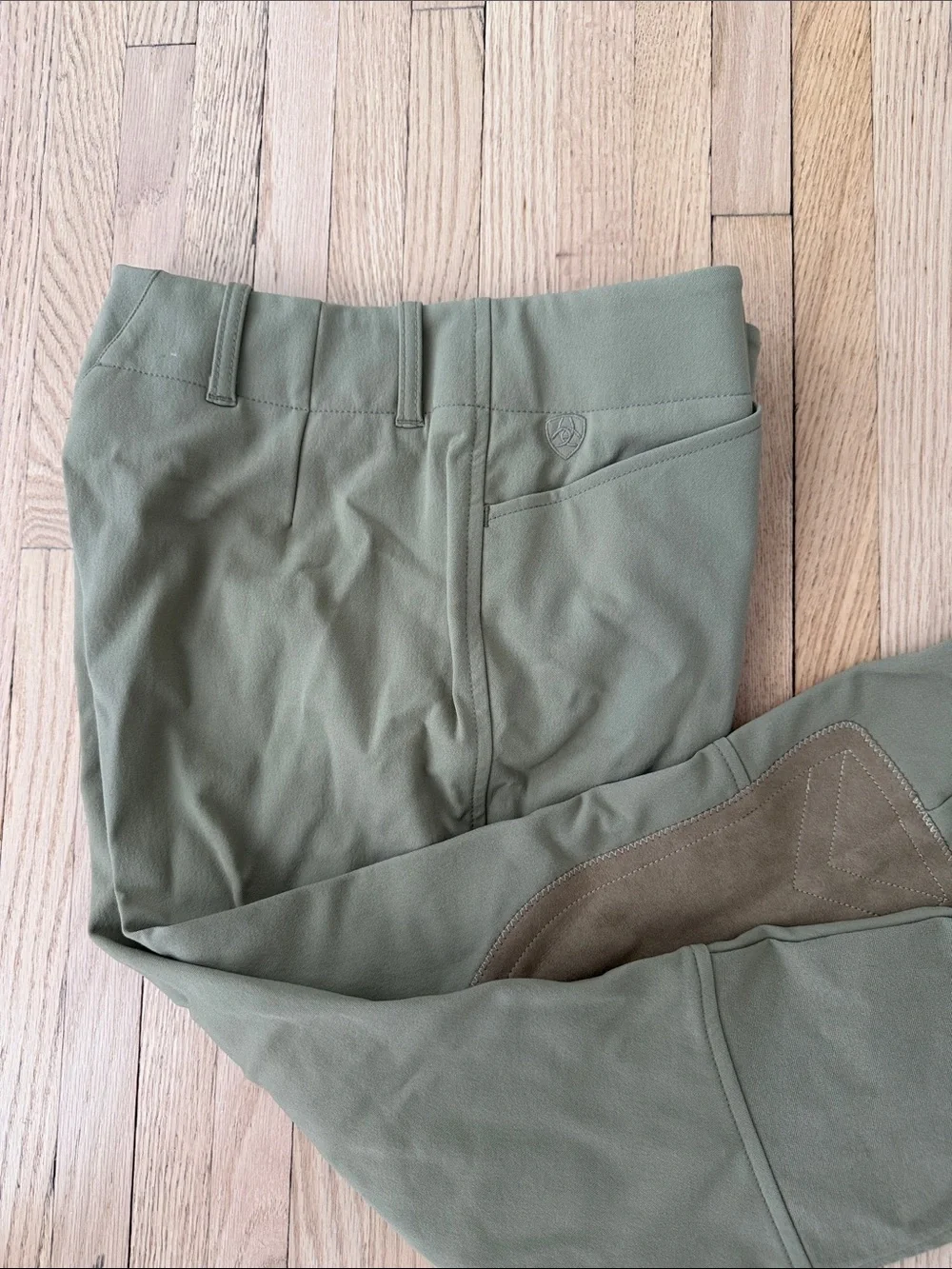 Ariat Olive Green Riding Breeches with Brown Knee Patches - Picture 4 of 4